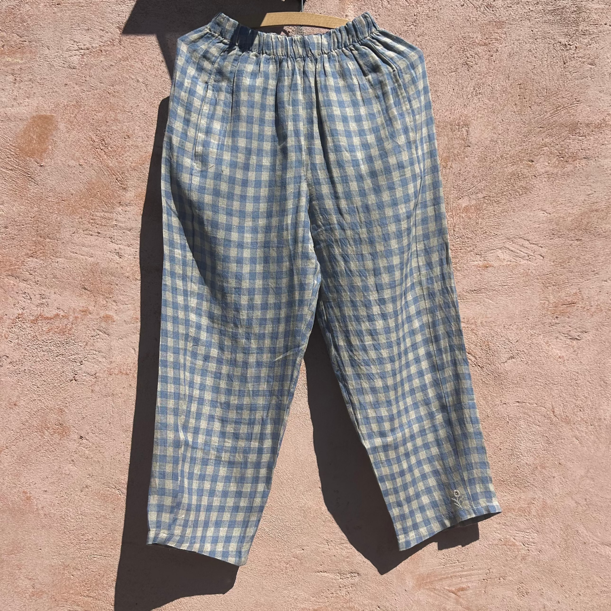 Blue gingham pants in linen from mandalay Designs.