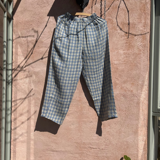 Mandalay Designs Gingham Linen Pants in Blue.