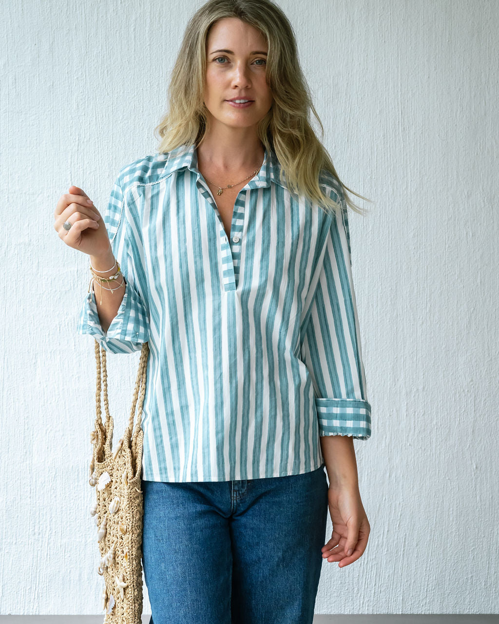 Mandalay Designs Block Print Stripe Shirt with 1/2 placket in Chambray or blue
