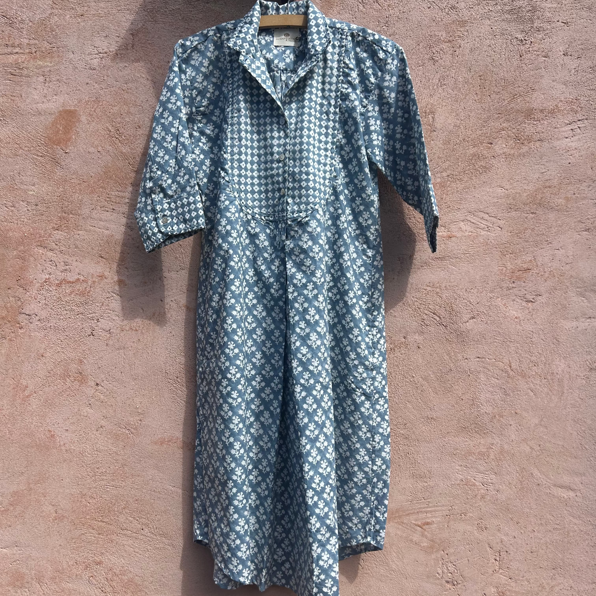 Mandalay Designs Block Print shirtdress in blue.