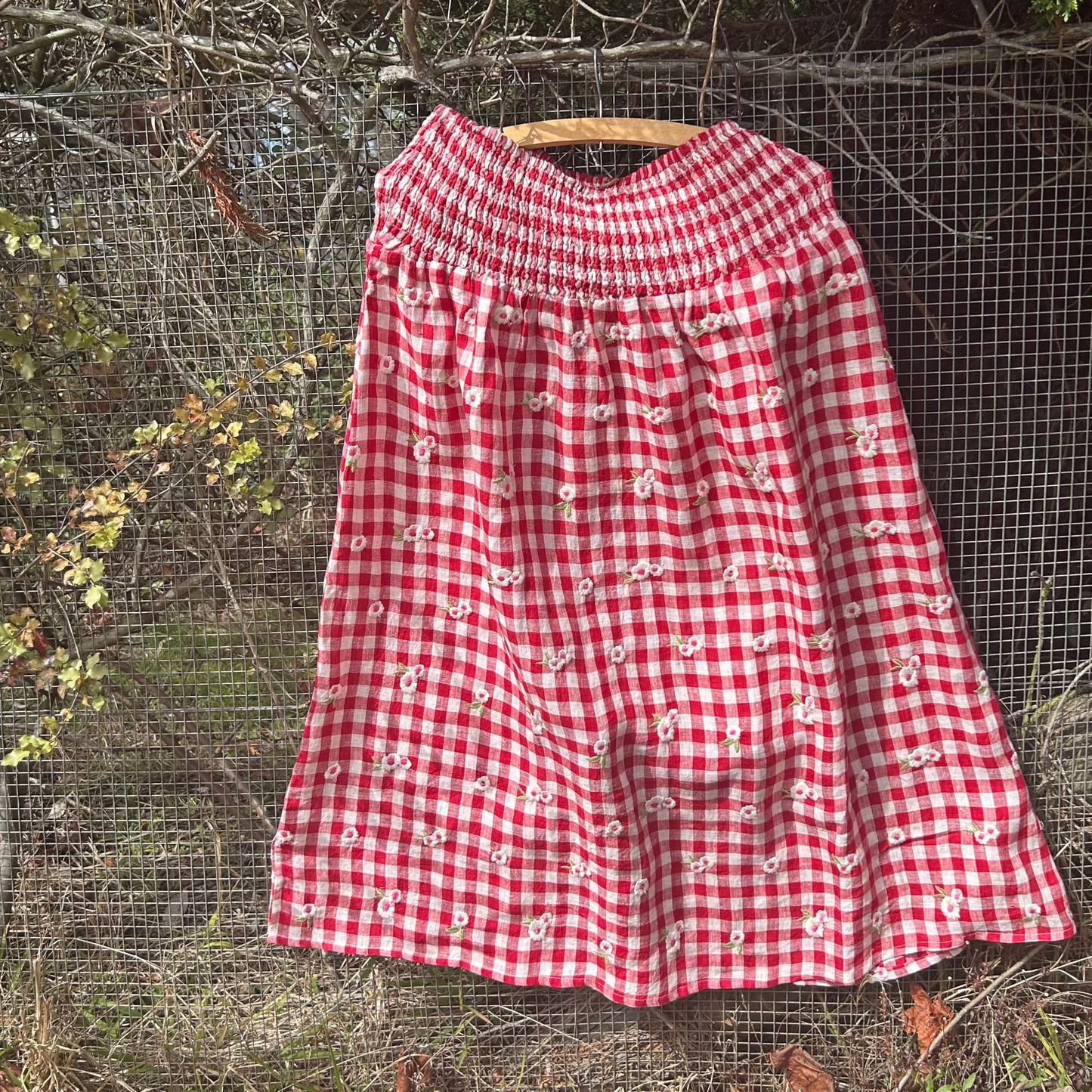 Mandalay Designs - red gingham embroidered linen.