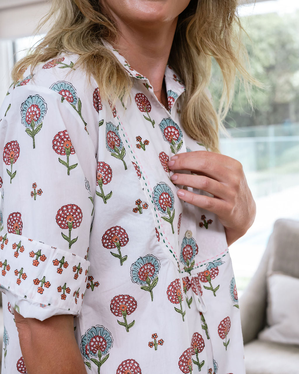 Mandalay Designs Poppy Shirtdress White with block print