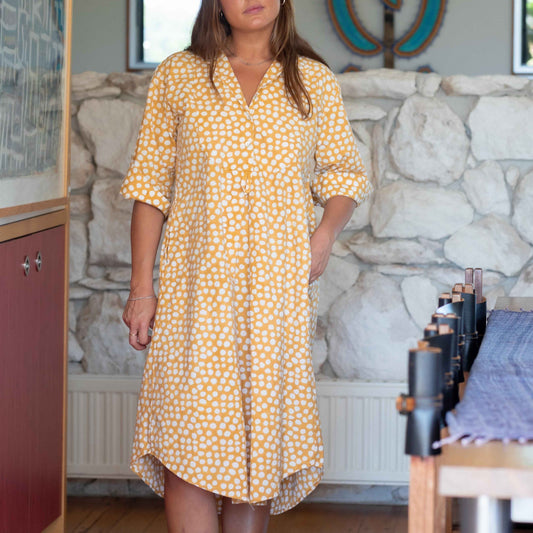 Mandalay Designs by Emma Strauss. Organic cotton shirt dress in yellow spot. Free Shipping.