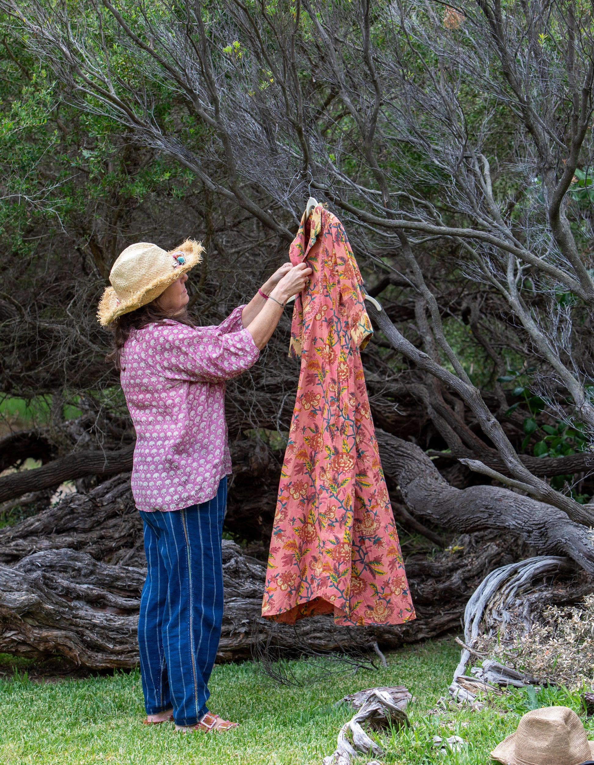 Mandalay Designs Charleston Shirtdress pinks. Organic cotton all natural fibres.