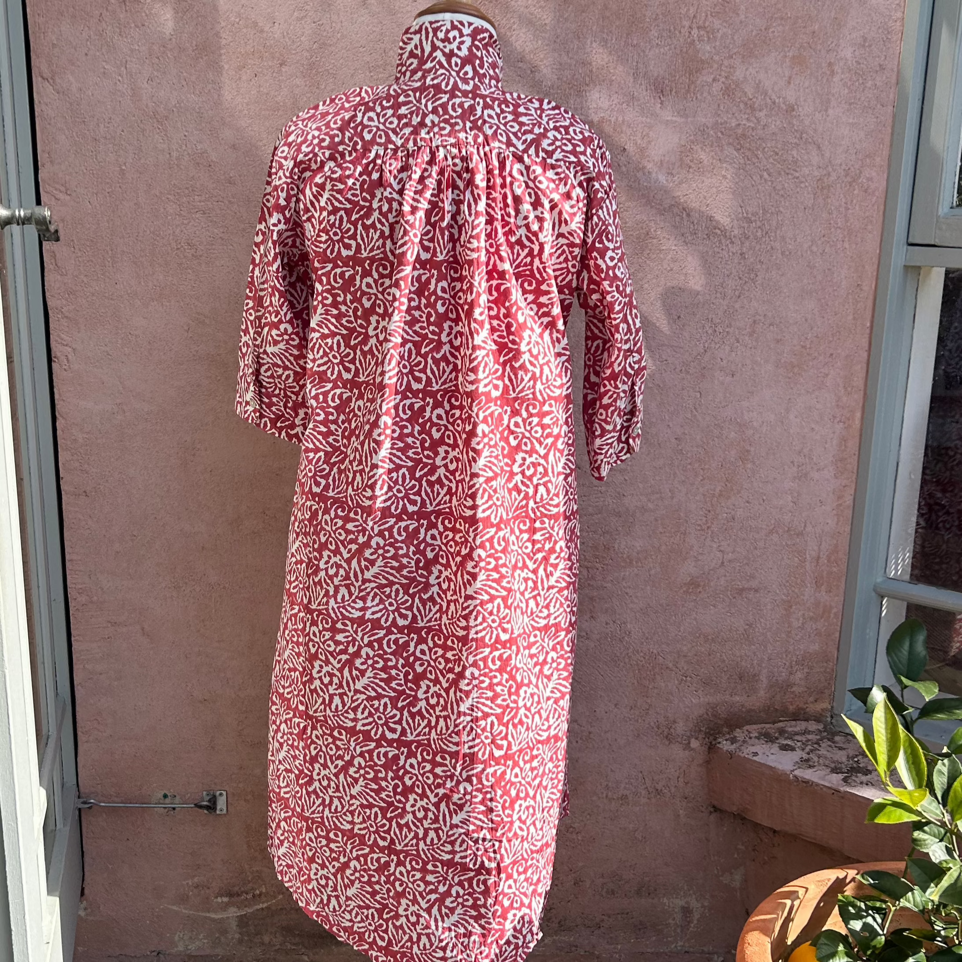 Mandalay Designs Organic cotton dress in red block print. Free shipping.