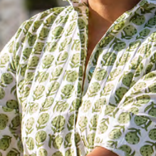 Manadalay Designs Pomegranate Shirt in green.  A cotton long sleeve shirt.