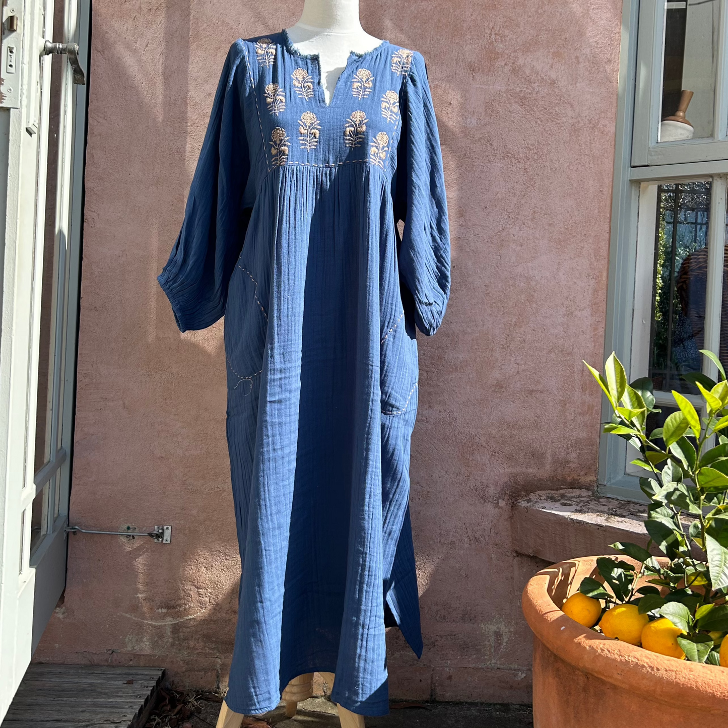 Mandalay by Emma Strauss Souq dress in Blue. Embroidered bodice.