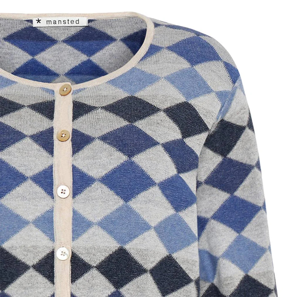 Close up of the Dodo Harlequin Blue Cardigan by Mansted
