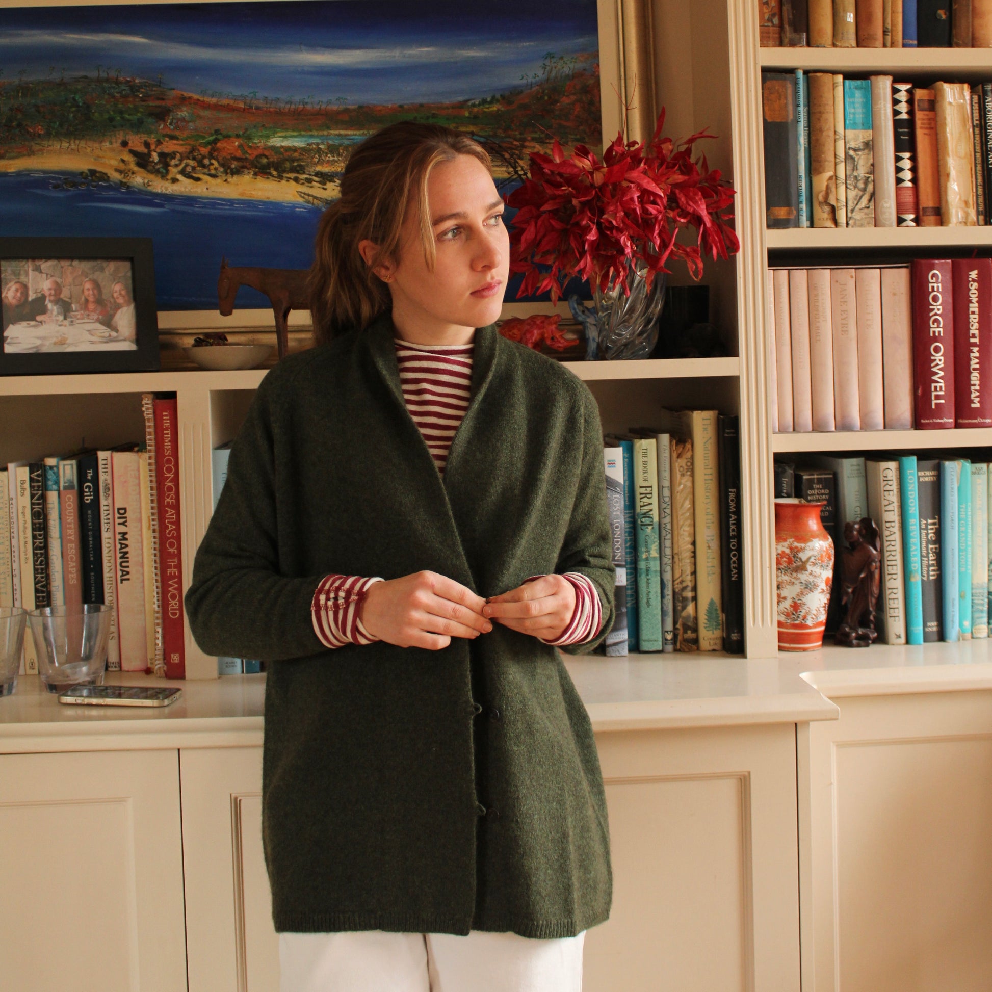 Mansted's Zonia cardigan in dark green, front view