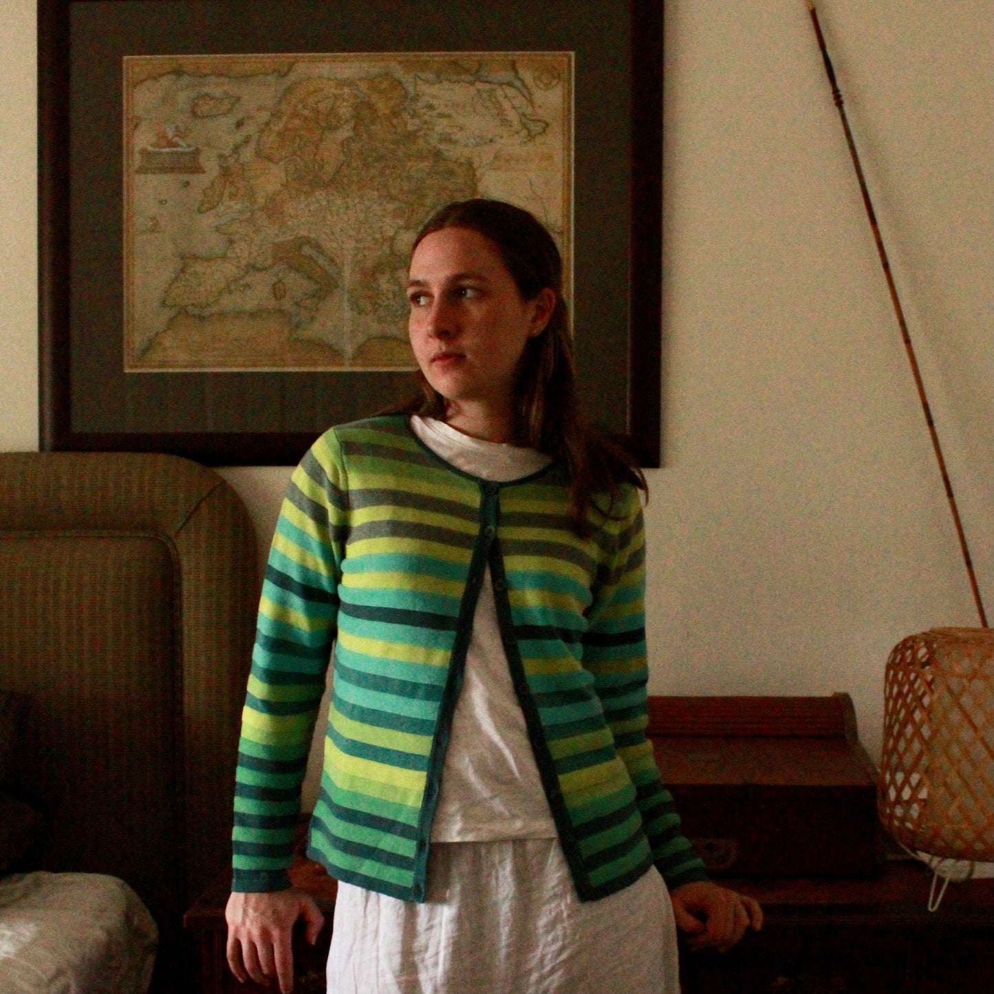 Mansted's Frail Striped cotton cardigan in green on model