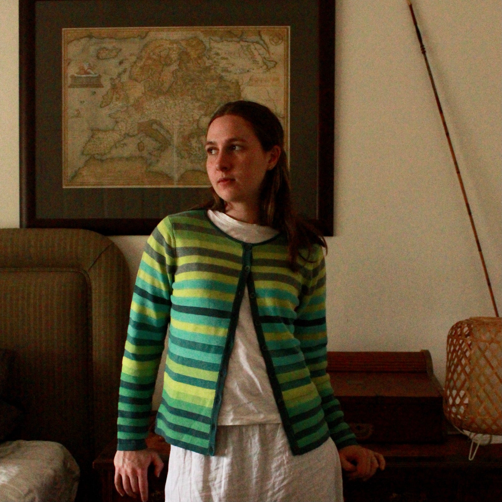 Mansted's Frail Striped cotton cardigan in green on model