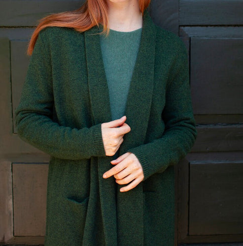 Mansted Danish Knitwear. Mitty long lambswool cardigan in Cold Green.