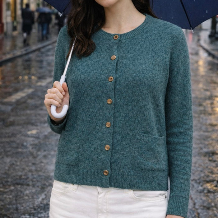 Mansted Korinne Cardigan in Sea. A textured wool cardigan in Aqua.