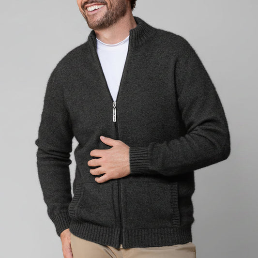 Men's Possum full zip cardigan in charcoal. Noble Wilde.