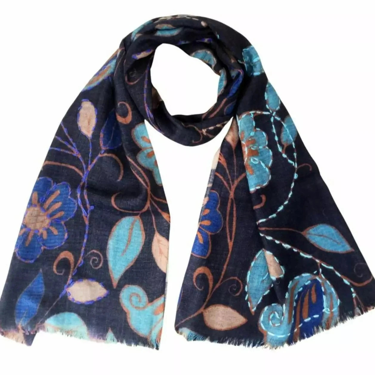 Quality embroidered merino wool scarf in blue.