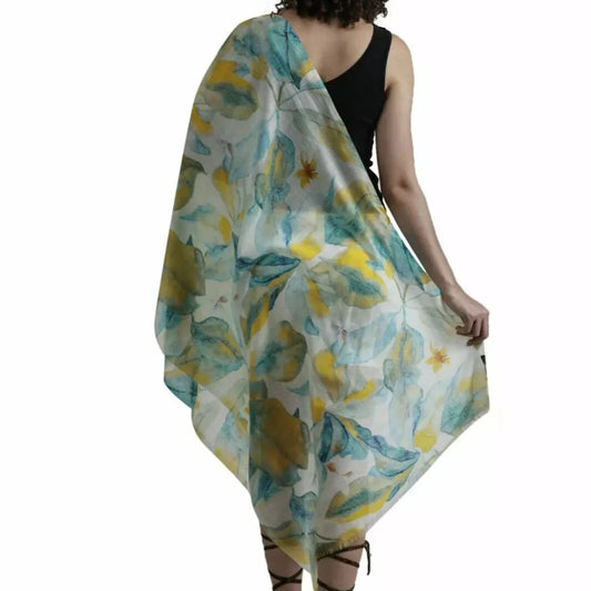 Lightweight quality scarf in Merino wool and silk. Blues and yellows.