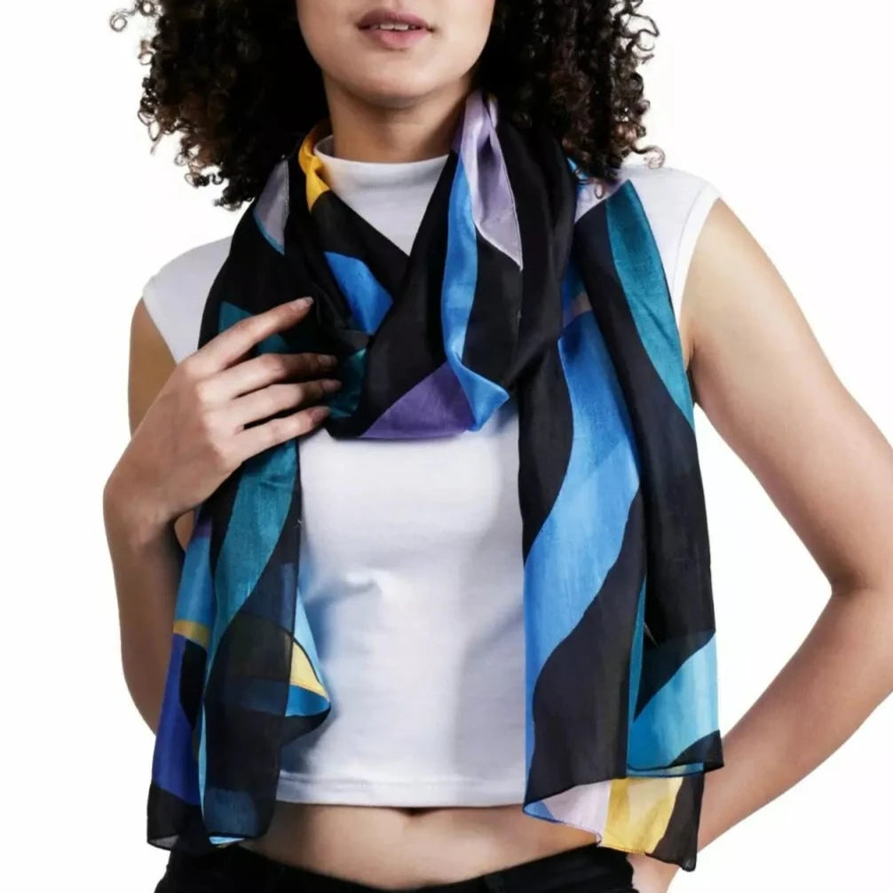 Quality Merino Wool and Silk scarf in blues.