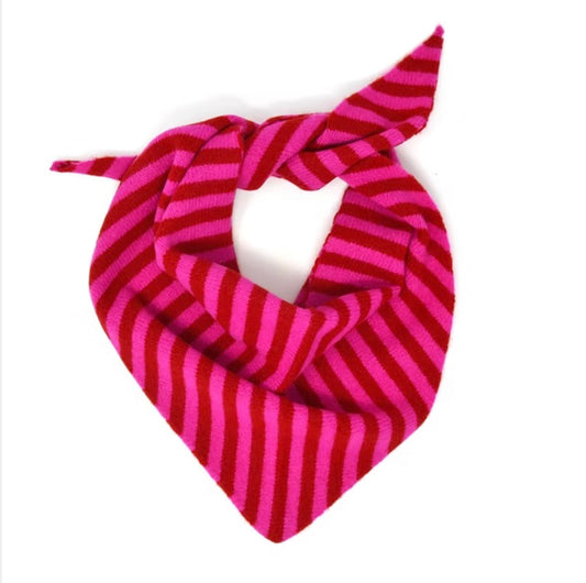 Pink and red striped triangular scarf. Merino wool made in Scotland 