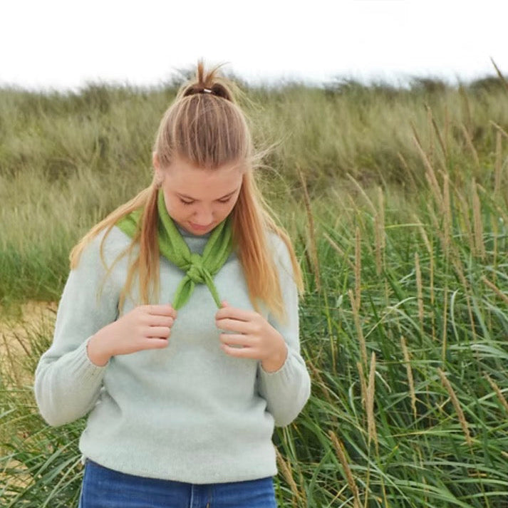 Merino wool triangle scarf in green. Quality Scottish knitwear