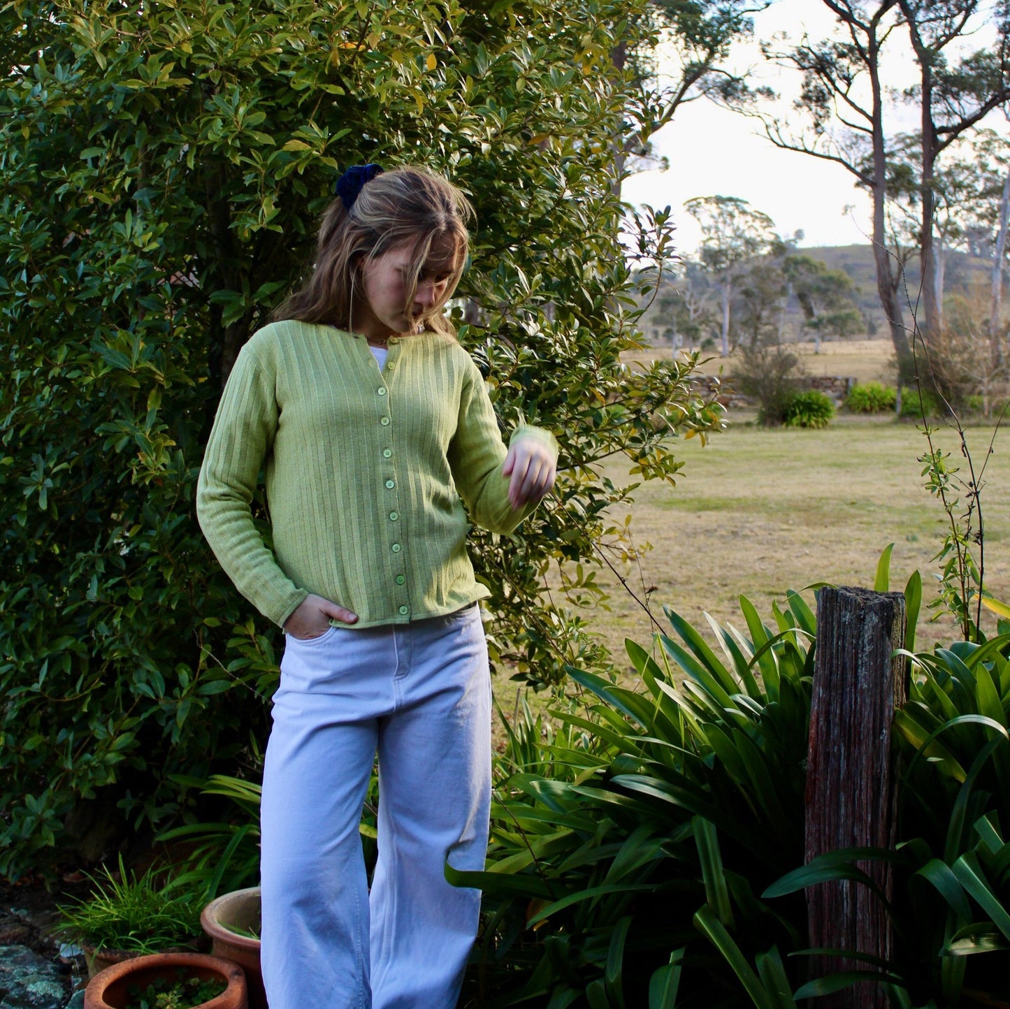 Charlotte Mansted's Danish Sapho summer cotton Cardigan in Light Olive