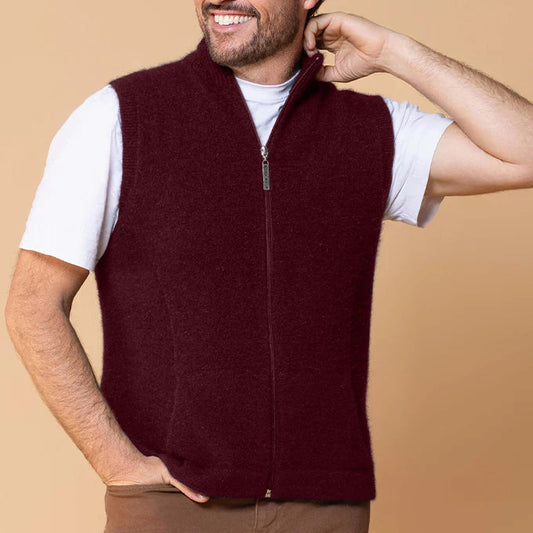 Men's Possum and Merino Wool Zip Vest in dark red.