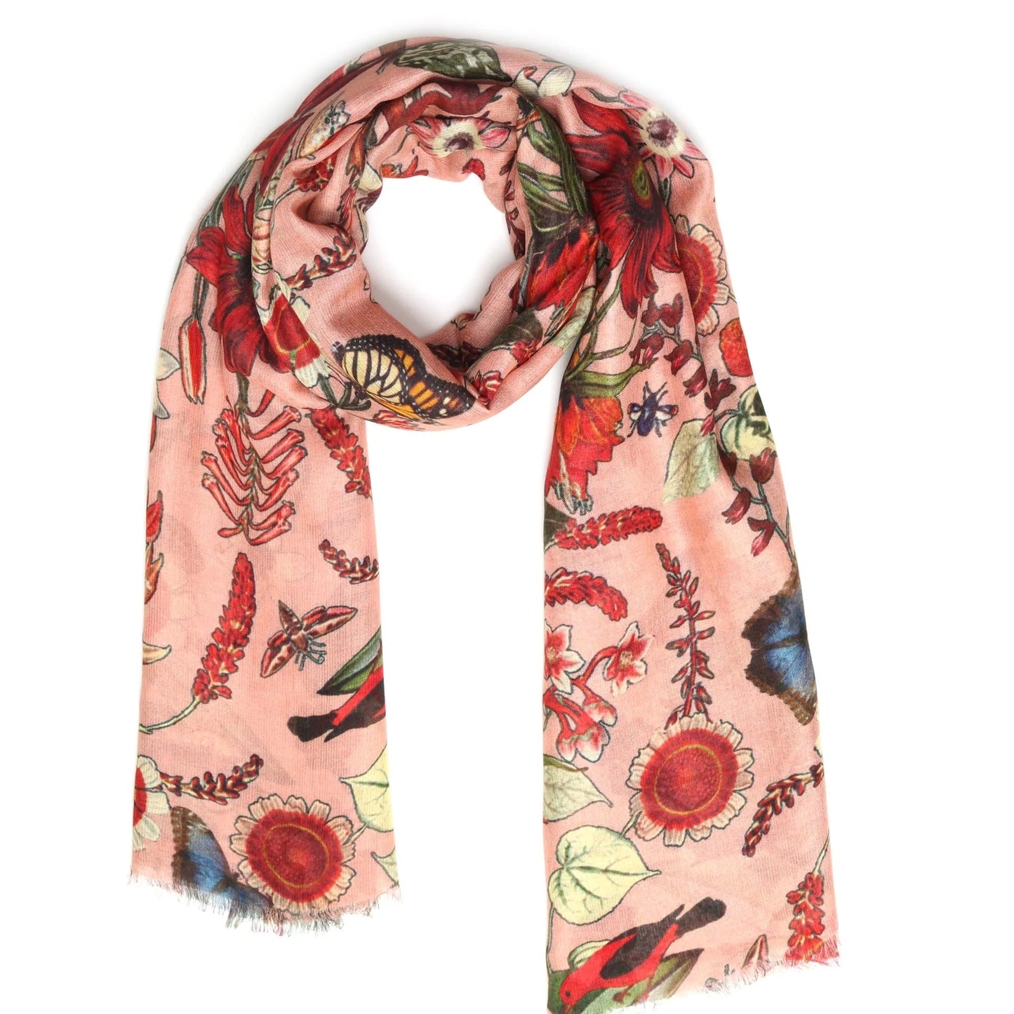 Floral and butterfly patterned scarf on a white background