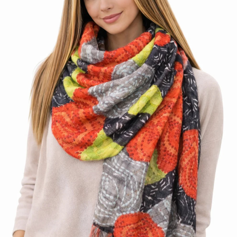 merino woo and silk lightweight scarf with woll embroidery
