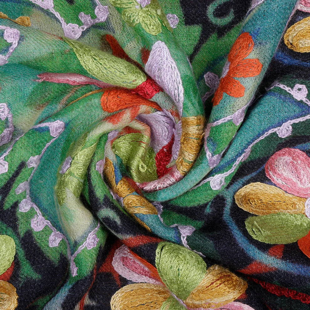 Hand embroidered Shawl merino wool and silk