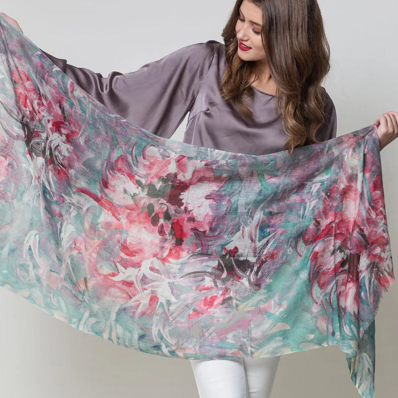 Merino wool and silk scarf aqua and pink