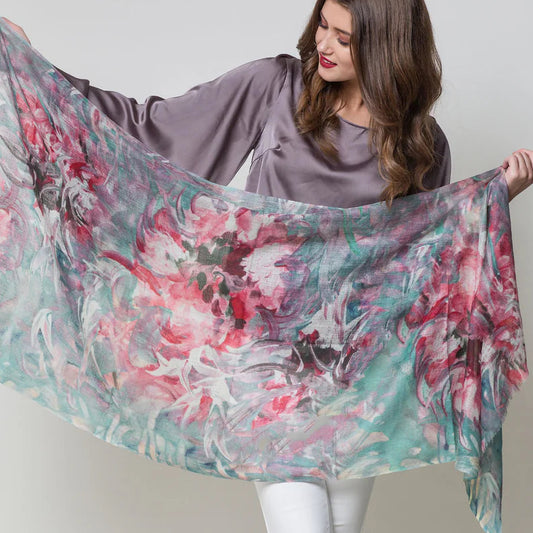 Merino wool and silk scarf aqua and pink