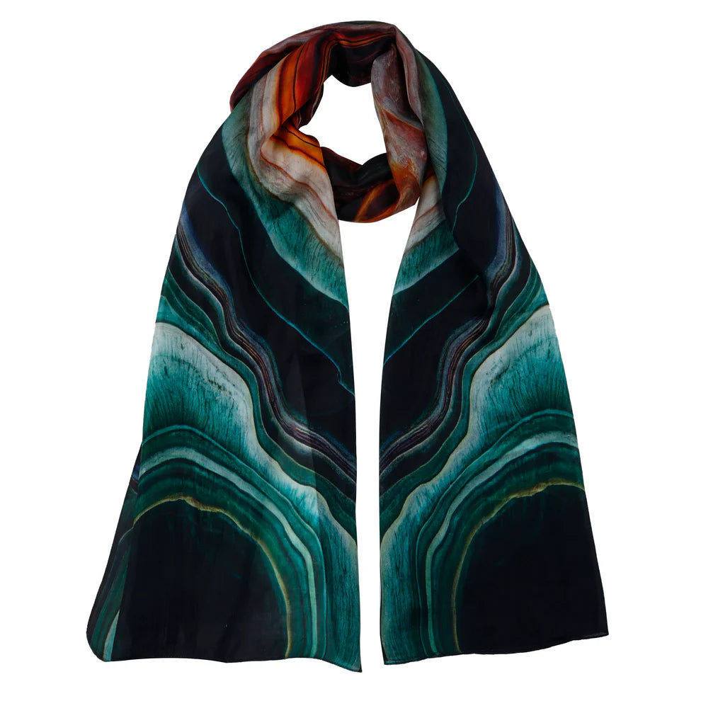 Wool and silk scarf in blue aqua and orange