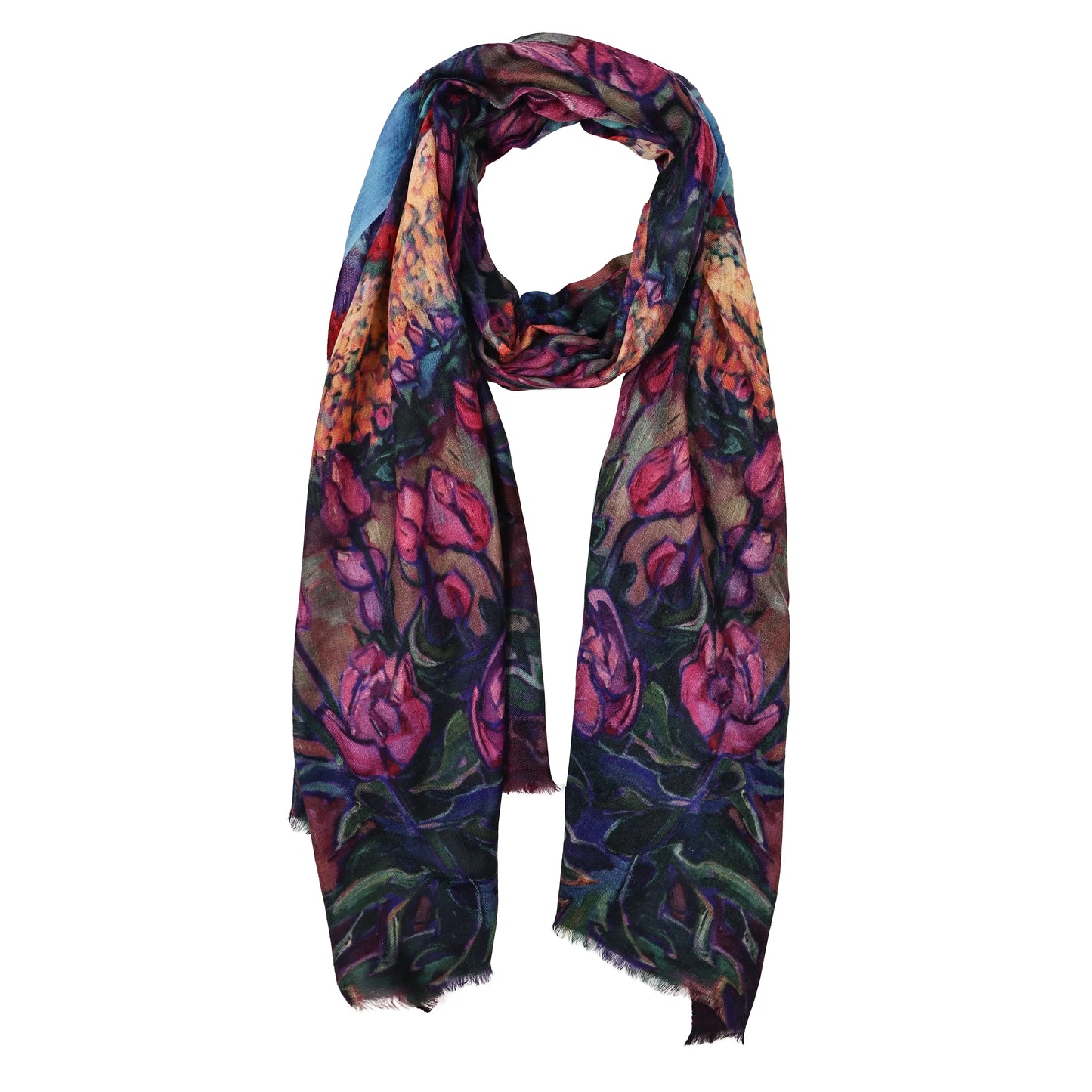 Merino wool and silk scarf in pinks and blues