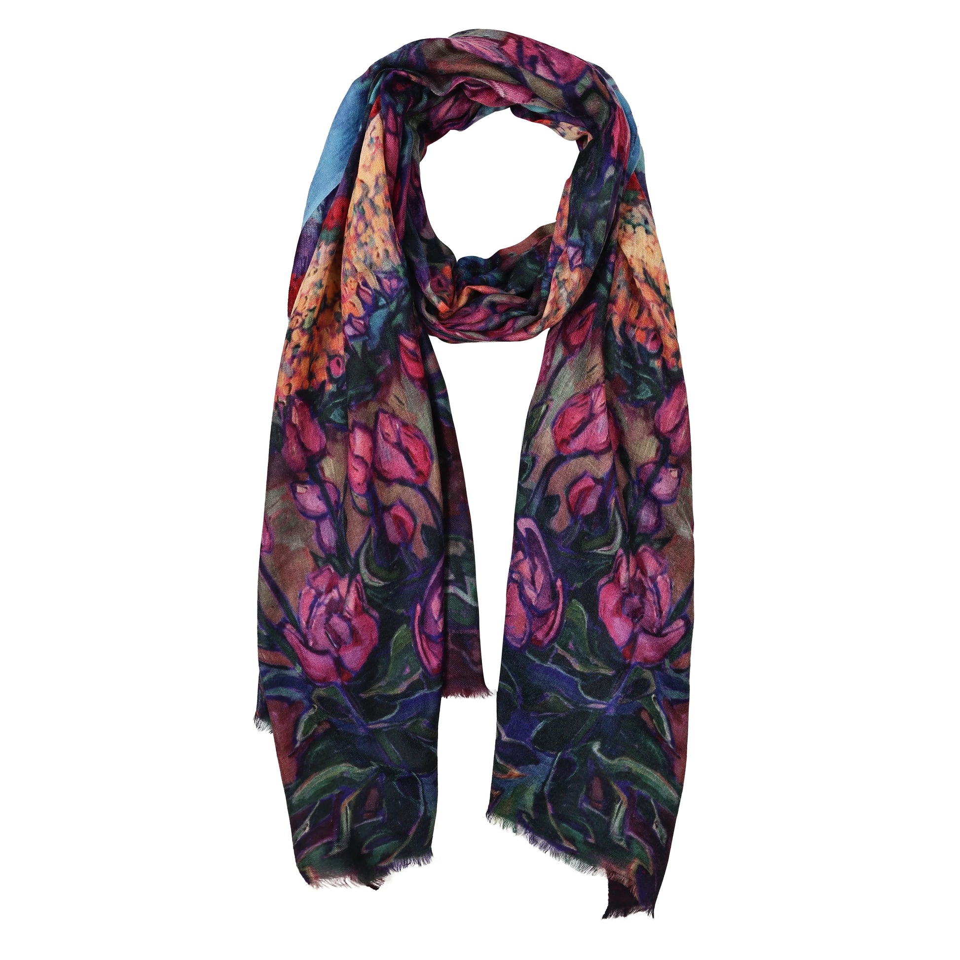 Merino wool and silk scarf in pinks and blues