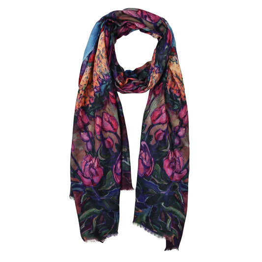 Merino wool and silk scarf in pinks and blues