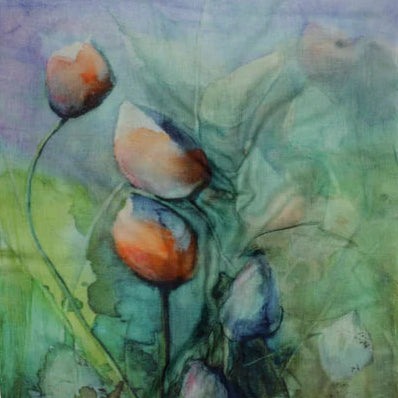 wool and silk scarf watercolour in blue green and orange.