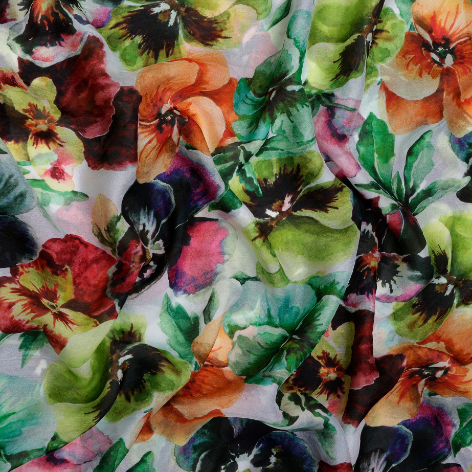 Merino and silk scarf with pansies