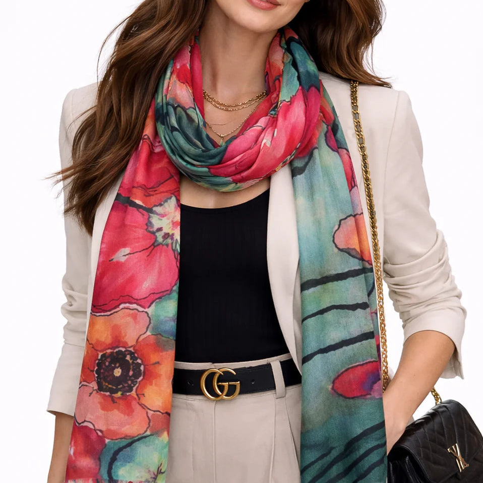 women's colourful scarf with poppies