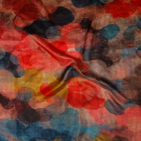 Reds beige and blue merino wool and silk scarf