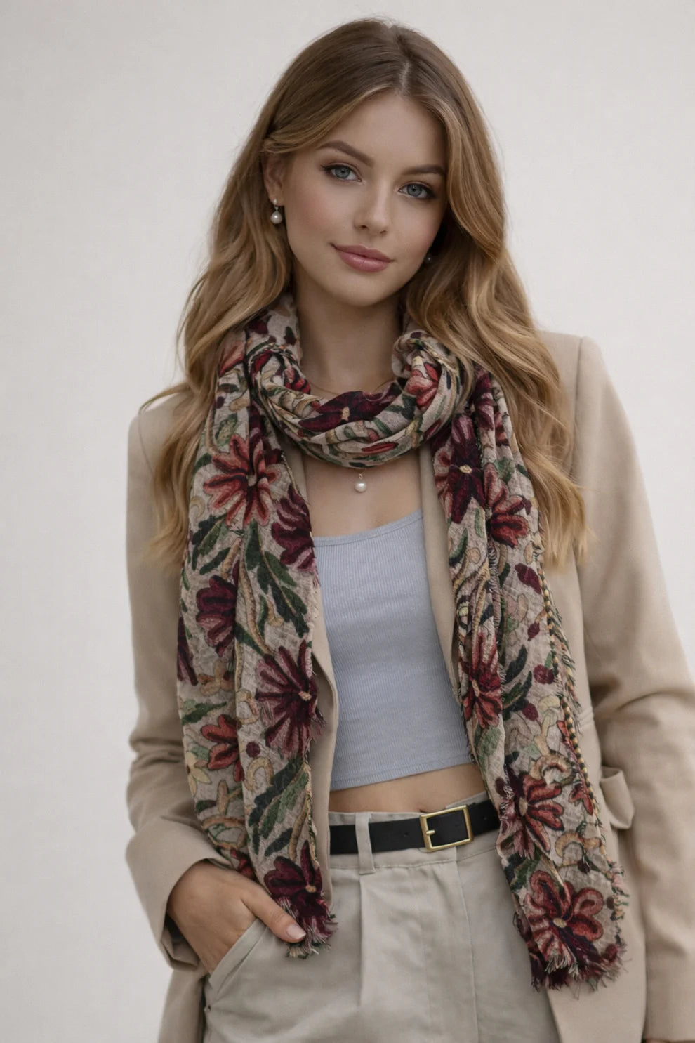 Merino wool and silk loral scarf