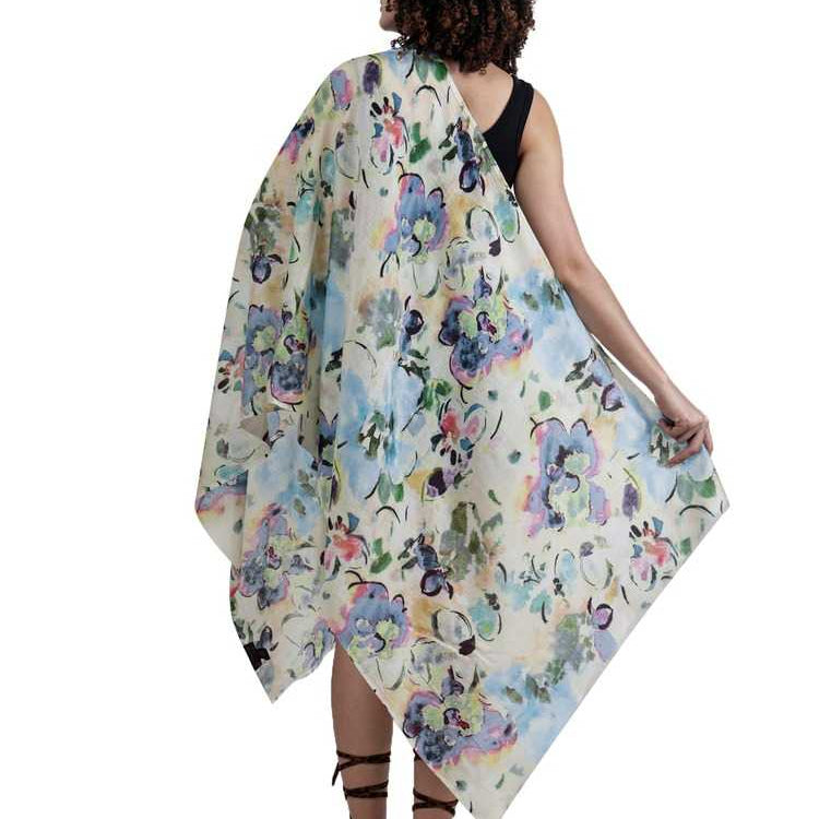 Merino wool and silk scarf floral light blue