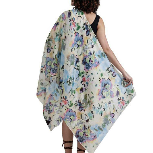 Merino wool and silk scarf floral light blue