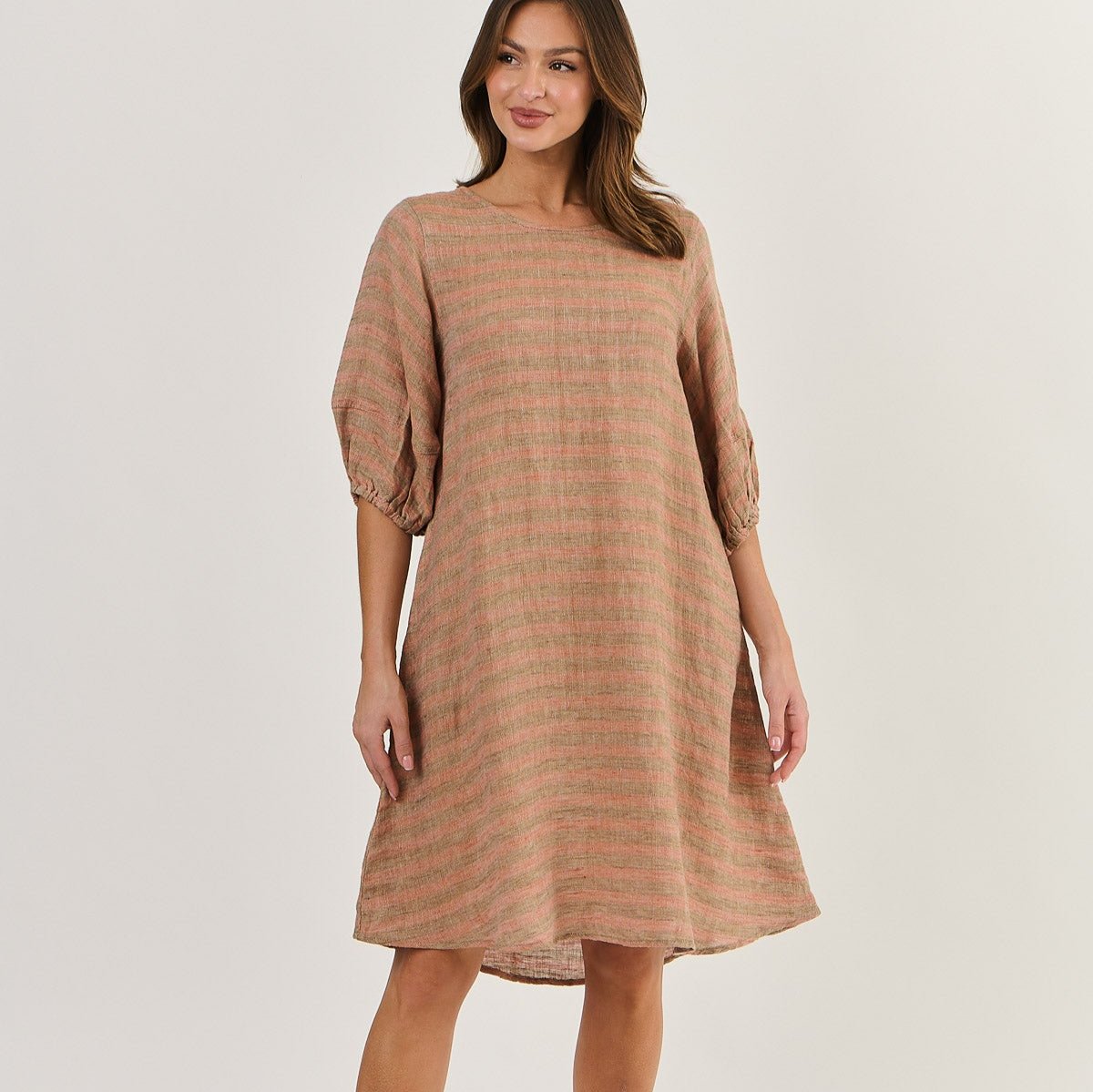 Linen subtle stripe dress in brick by Naturals by O&J