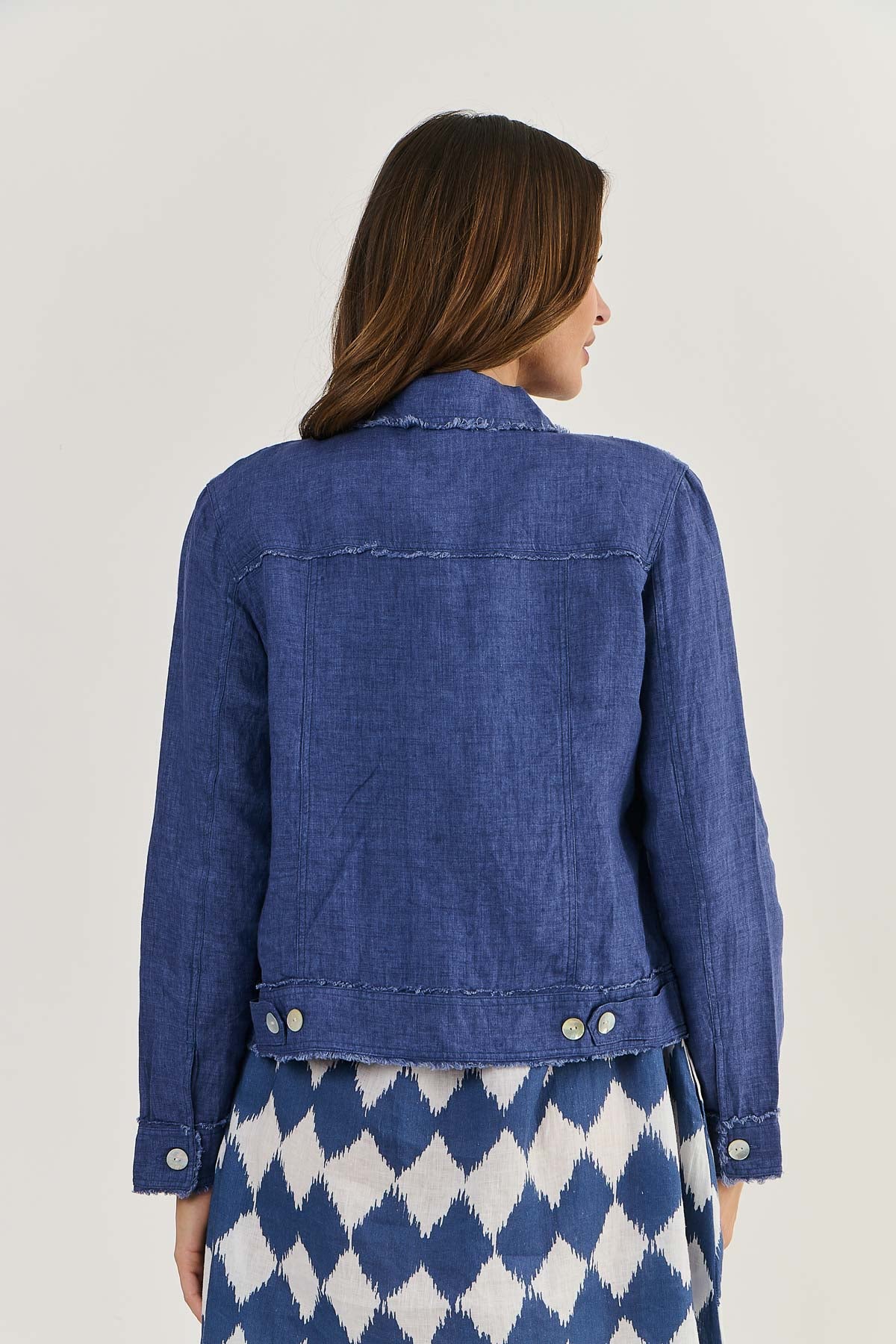 Naturals by O&J. GA# linen jacket in Delta - a mid blue.