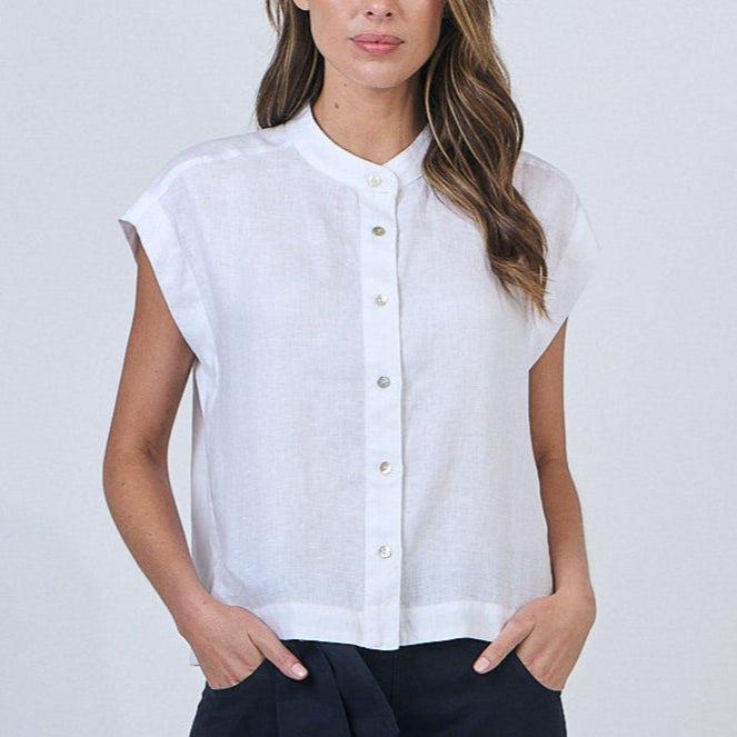 GA429 Capped sleeve top in white linen from Naturals by O&J