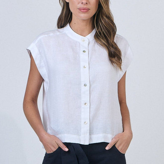 GA429 Capped sleeve top in white linen from Naturals by O&J