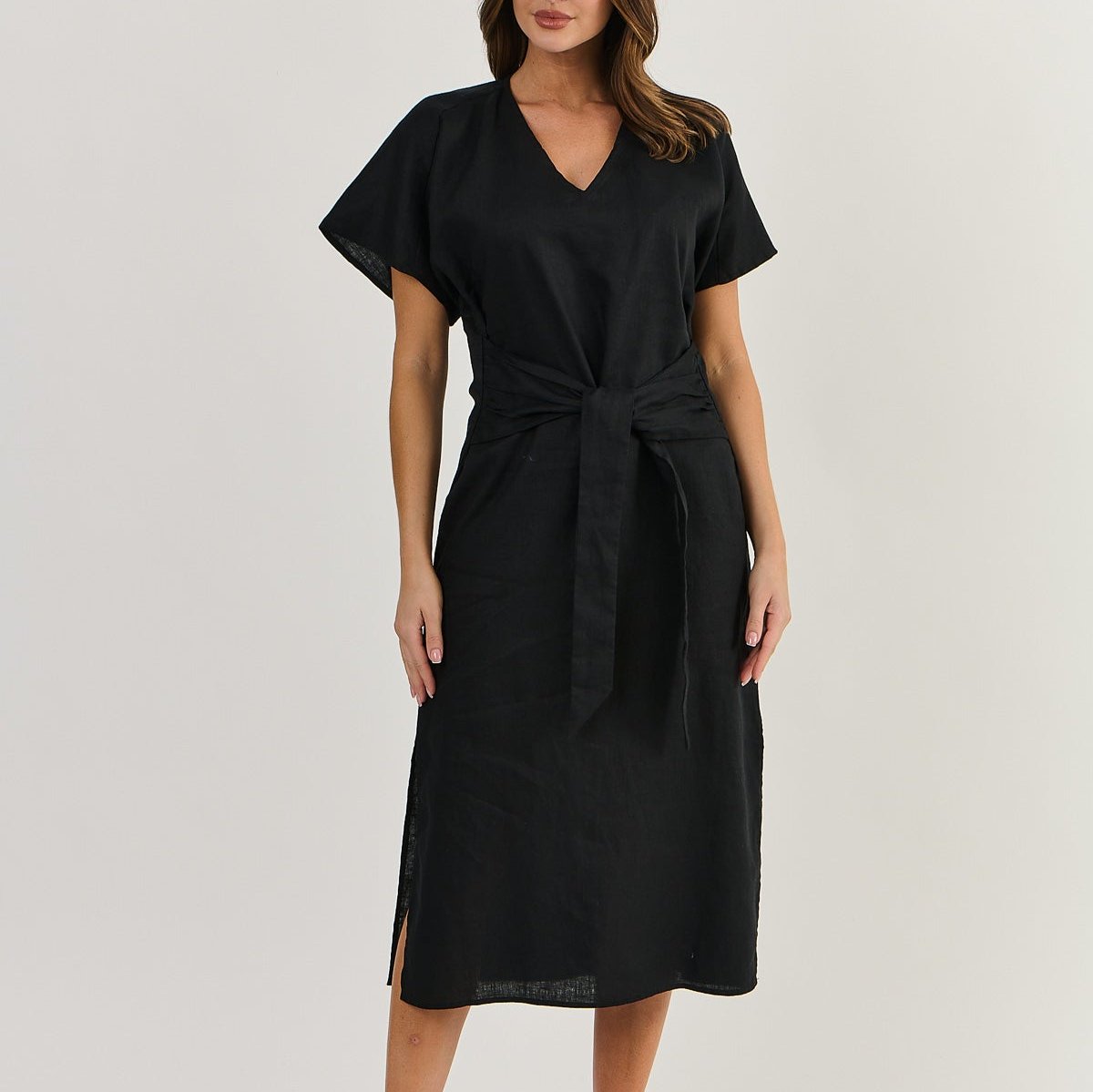 Naturals by O&J dress in black Linen GA522