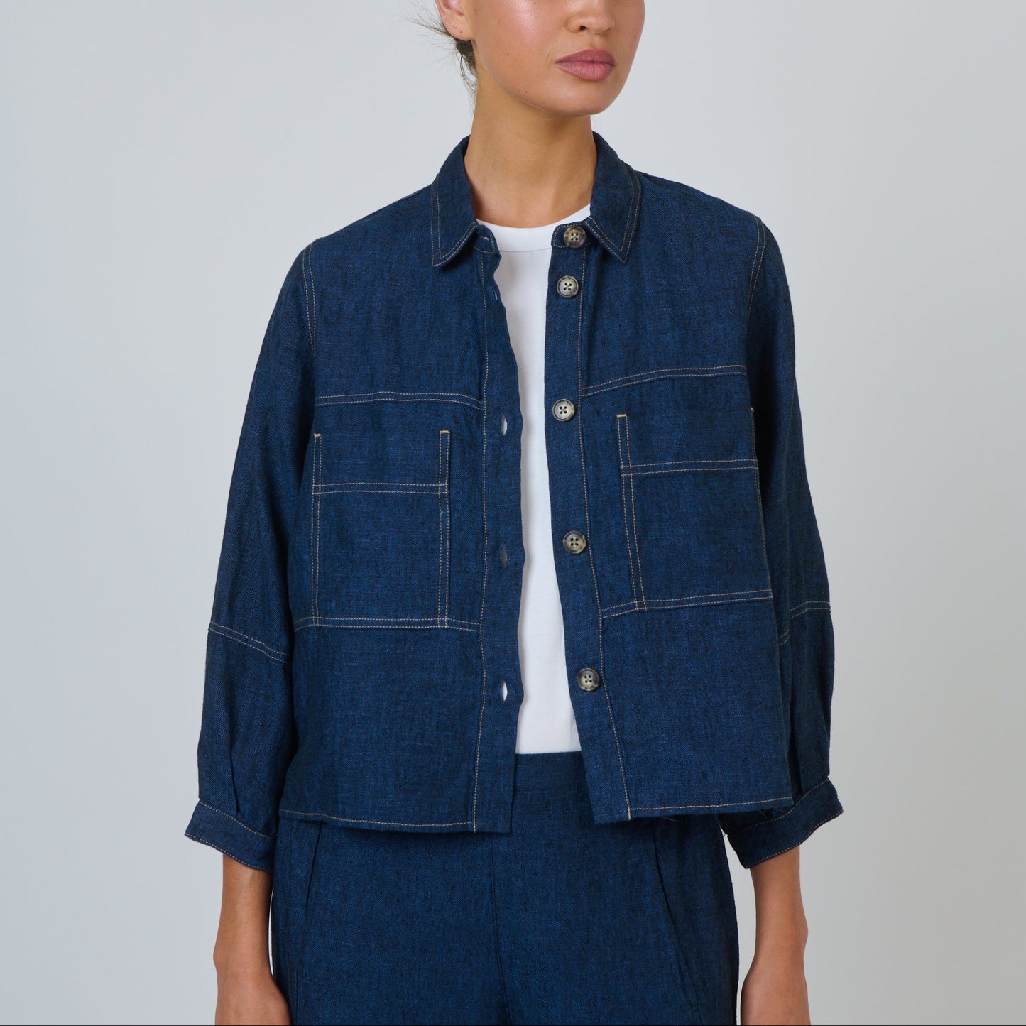 Naturals by O&J Cropped linen jacket in Navy with stitching