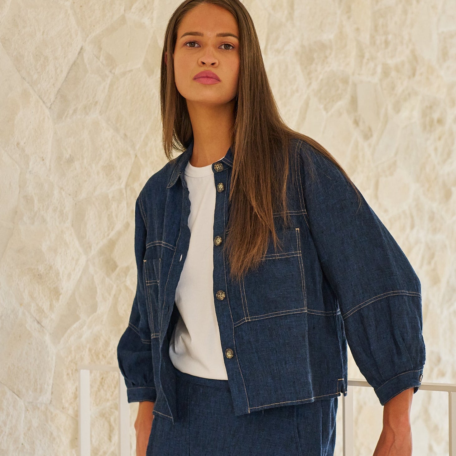 Naturals by O&J Linen Jacket with stitching detail in Eclipse.