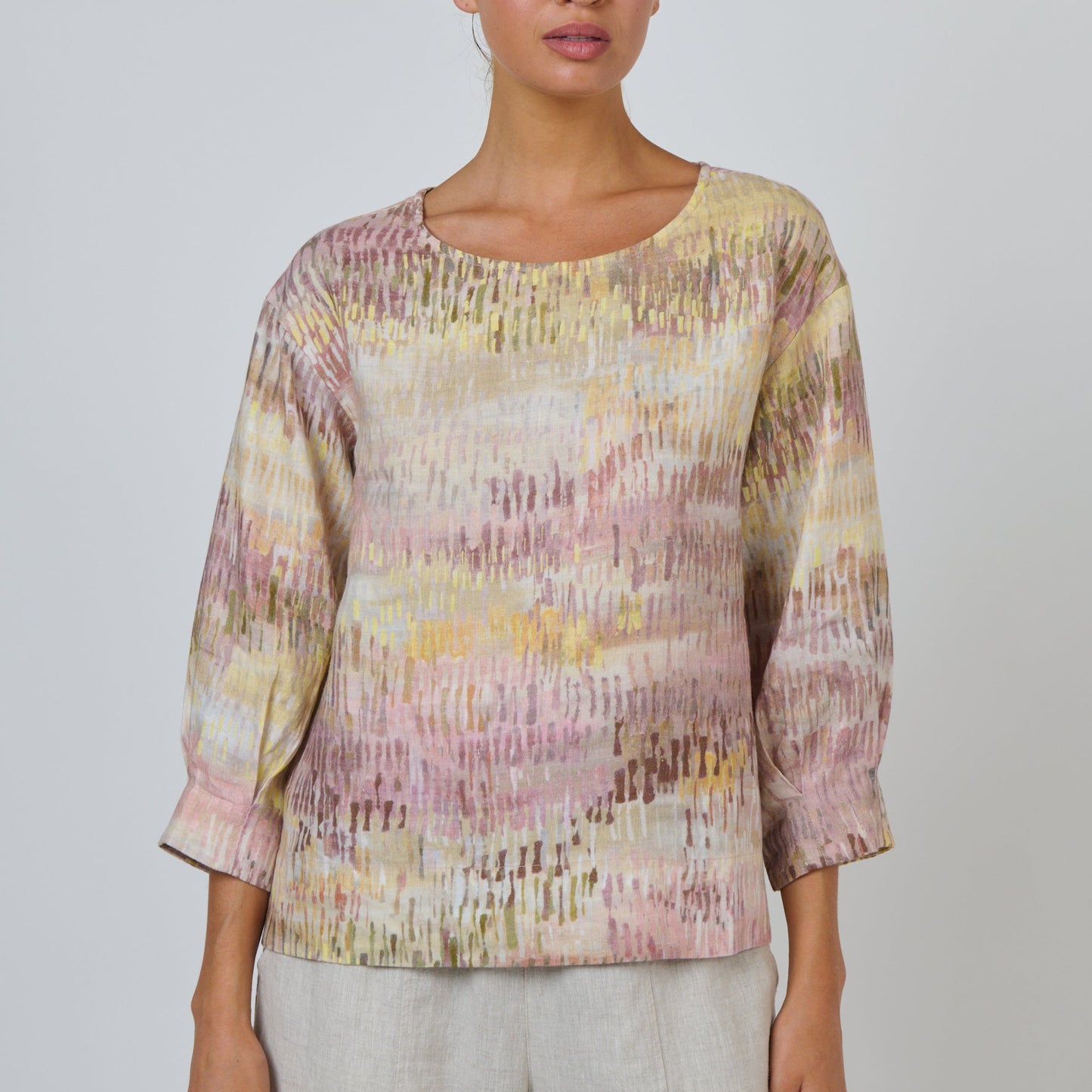 Naturals by O&J  loose oversized linen top in abstract pinks and yellows