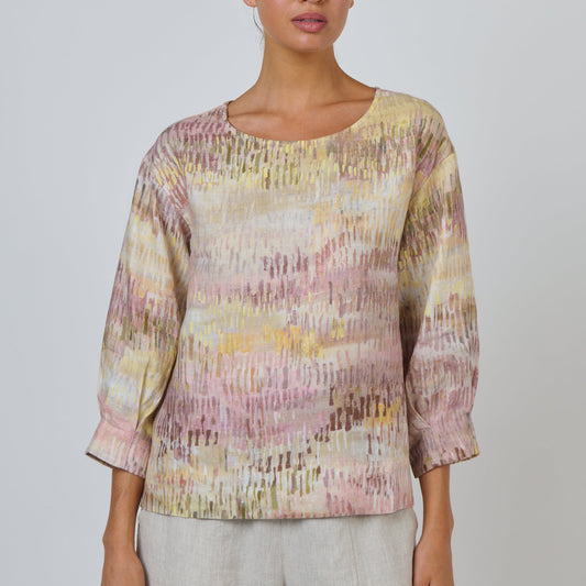 Naturals by O&J  loose oversized linen top in abstract pinks and yellows